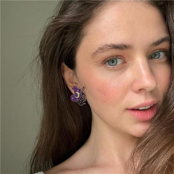 WOWORAMA Witch Earrings | Purple Hat with Crescent & Stars - Picture 3 of 6